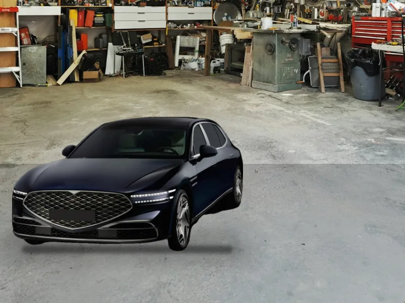 My Garage app showing a dark sedan parked in a classic workshop garage